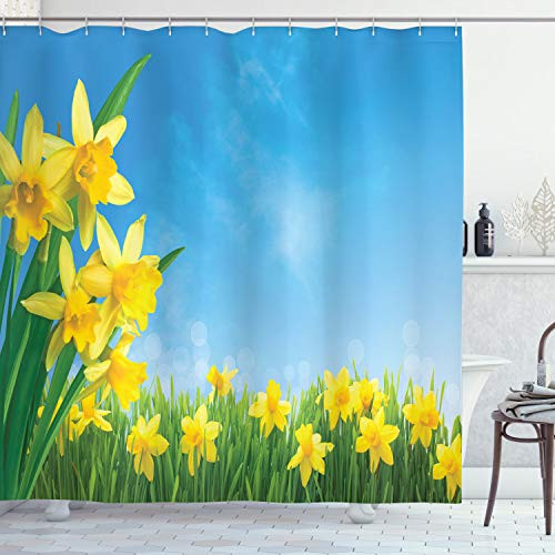 Ambesonne Daffodil Decor Collection, Spring Narcissus Flowers in Grass Against Sunny Clear Sky Summer Floral Image, Polyester Fabric Bathroom Shower Curtain Set with Hooks, Yellow Green Blue