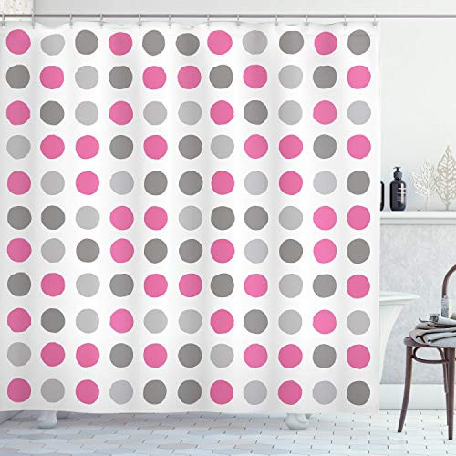 Ambesonne Geometric Shower Curtain, Traditional Retro Polka Dots Design European Ancestral Motif Pastel Colors, Cloth Fabric Bathroom Decor Set with Hooks, 70" Long, Pink Grey