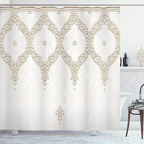 Ambesonne Moroccan Shower Curtain, Ornate Background with Traditional Soft Color Eastern Elements and Pattern, Cloth Fabric Bathroom Decor Set with Hooks, 70" Long, Camel White