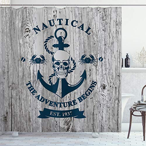 Ambesonne Anchor Shower Curtain, Art with Anchor Skull Rope Nautical The Adventure Begins Message Historic, Cloth Fabric Bathroom Decor Set with Hooks, 70" Long, Grey Navy