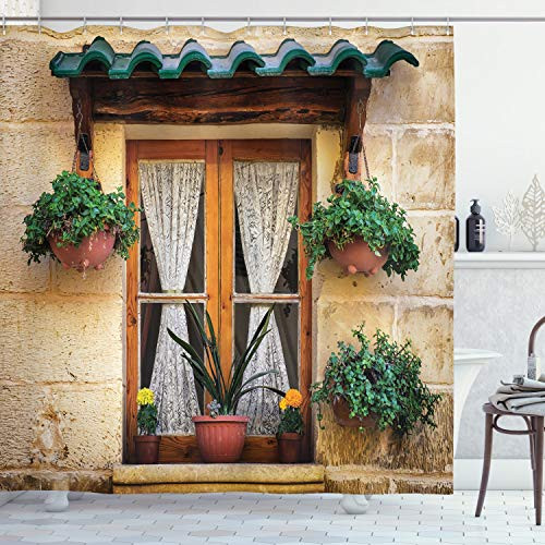 Ambesonne Shutters Shower Curtain, Basket of Flowers Historic Building Window with Classic Lace Curtain Inside Image, Cloth Fabric Bathroom Decor Set with Hooks, 70" Long, Beige Green Ambesonne Shutters Shower Curtain, Basket of Flowers Historic Building Window with Classic Lace Curtain Inside Image, Cloth Fabric Bathroom Decor Set with Hooks, 70" Long, Beige Green
