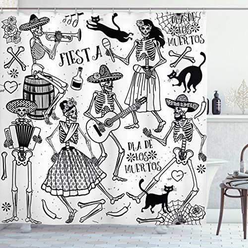 Ambesonne Mexican Shower Curtain, Day of The Dead Dancers Themed Woman and Man Skeleton Playing Music Design, Cloth Fabric Bathroom Decor Set with Hooks, 70" Long, White and Black Ambesonne Mexican Shower Curtain, Day of The Dead Dancers Themed Woman and Man Skeleton Playing Music Design, Cloth Fabric Bathroom Decor Set with Hooks, 70" Long, White and Black