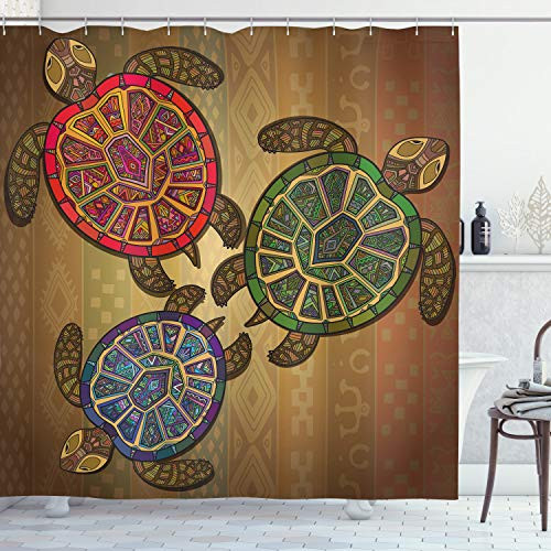 Ambesonne Turtle Shower Curtain, 3 Ocean Turtles Ethic Style Animals Geometric Vibrant Ocean Theme Artwork Print, Cloth Fabric Bathroom Decor Set with Hooks, 70" Long, Brown Green