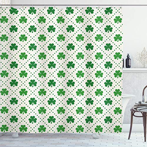 Ambesonne Irish Shower Curtain, 4 Leaf Shamrock Clover Flowers with Dotted Dashed Lines National Culture, Cloth Fabric Bathroom Decor Set with Hooks, 70" Long, White Green