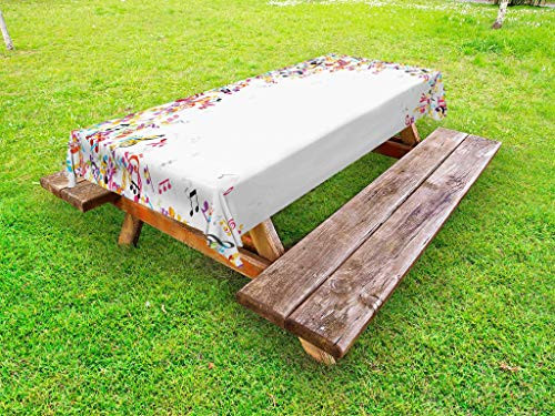 Ambesonne Music Outdoor Tablecloth, Colorful Musical Notes with Frame Festival Singing Enjoyment Fashion Themed Print, Decorative Washable Picnic Table Cloth, 58" X 84", White Yellow