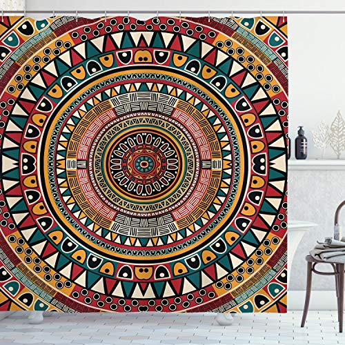 Ambesonne Tribal Shower Curtain, Folkloric Tribe Round Pattern with Colors Aztec Artwork, Cloth Fabric Bathroom Decor Set with Hooks, 70" Long, Mustard Jade