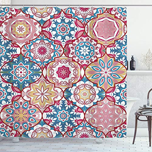 Ambesonne Moroccan Decor Collection, Ethnic Colorful Bohemian Pattern in Pastel Colors with Big Abstract Flowers Ornate Art, Polyester Fabric Bathroom Shower Curtain Set with Hooks, Teal Red