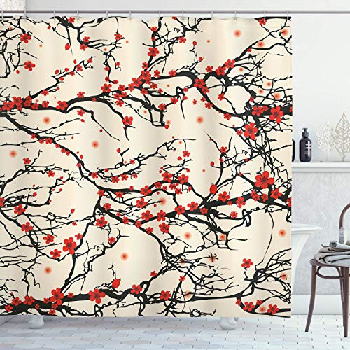 Ambesonne Japanese Shower Curtain, Asian Nature Cherry Blossom Sakura Branch Flowers Art Print, Cloth Fabric Bathroom Decor Set with Hooks, 70 Inches, Cream Vermilion and Dark Brown