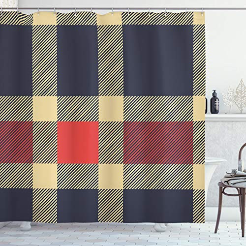 Ambesonne Checkered Shower Curtain, Vintage Plaid Scottish Tartan Pattern with Retro Display Checks Lines, Cloth Fabric Bathroom Decor Set with Hooks, 70" Long, Blue Cream