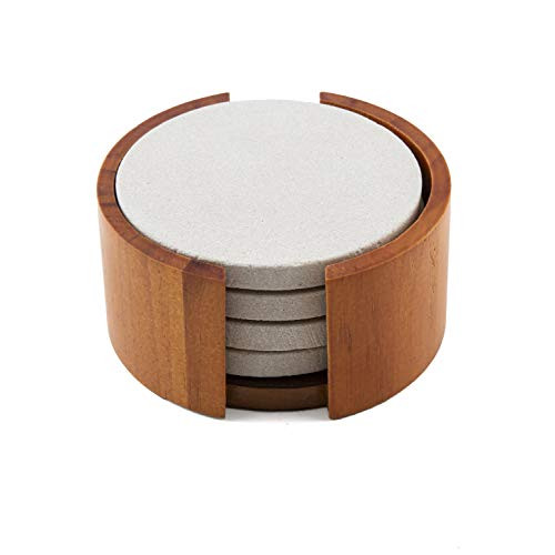 Thirstystone Sandstone Wood Coaster, 4 inch round, Plain set w/Holder