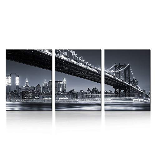 iKNOW FOTO 3 Piece Modern Black and White New York City Wall Art Manhattan Skyline Bridge at Night Pictures on Canvas Print Painting Home Decoration Framed Art Work for Living Room 12x16inchx3pcs
