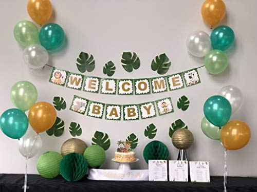 Party Pack Safari Baby Shower Decorations with Banner | Jungle Theme Baby Shower Decorations | Tropical Leaves | Baby Shower Decorations Neutral