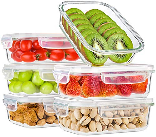 Bayco Glass Meal Prep Containers, [6 Pack, 22oz | 2.7cups] Glass Food Storage Containers with Lids, Airtight Glass Bento Boxes, BPA Free & FDA Approved & Leak Proof (6 lids & 6 Containers)