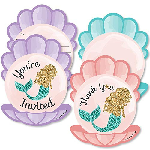 Let's Be Mermaids - 20 Shaped Fill-In Invitations and 20 Shaped Thank You Cards Kit - Baby Shower or Birthday Party Stationery Kit - 40 Pack