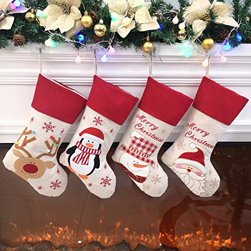 Bstaofy Traditional Christmas Stockings Set of 4 Santa Reindeer Snowman Penguin with 3D Tech, 20''