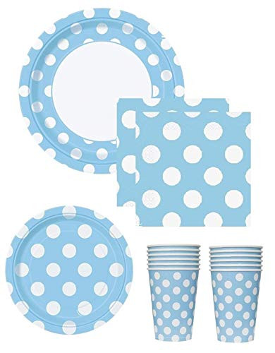 FAKKOS Design Baby Boy Shower Party Supplies Pack for 24 Guests Including Blue Polka Dot Lunch Plates Dessert Plates Napkins Cups