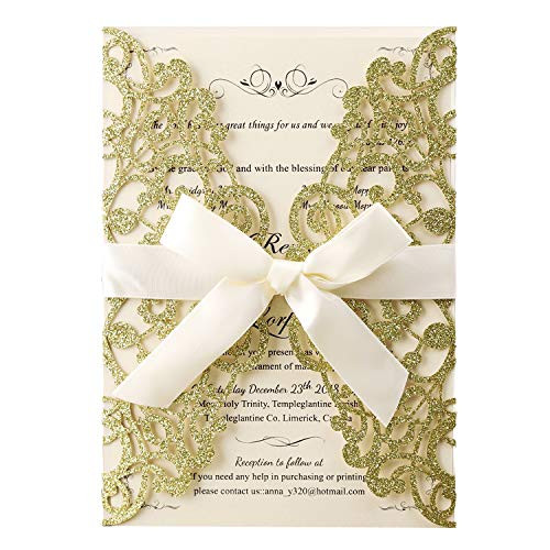 Hosmsua 20x Gold Glitter Laser Cut Flora Lace Wedding Invitations Cards with Blank Inner Sheets and Envelopes for Bridal Shower Engagement Birthday Baby Shower (Gold Glitter)