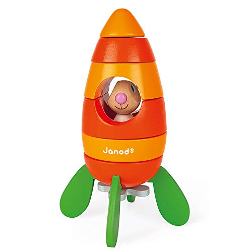 Janod Wooden Rabbit Lapin Magnetic Carrot Rocket Puzzle Set Toy Early Learning and Motor Skills Toy for Ages 12 Months+