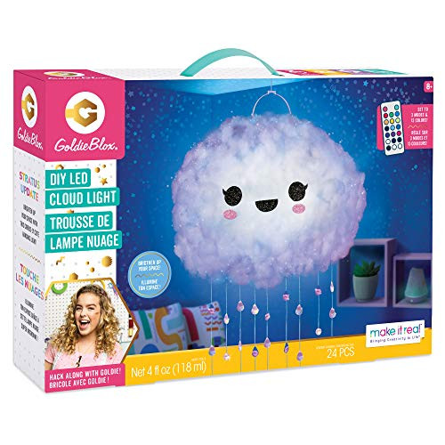 Make It Real GoldieBlox - DIY Floating LED Cloud Light Color Changing Hanging Light for Kids Bedroom - STEM Toy Kit - Includes LED Light Strips with Remote and Stickers