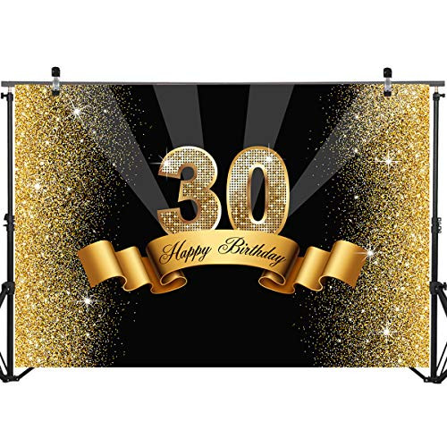 Mocsicka 30th Black and Gold Birthday Backdrop 8x6ft Vinyl Glitter Gold Thirty Birthday Party Banner Background Adult Birthday Photography Backdrops