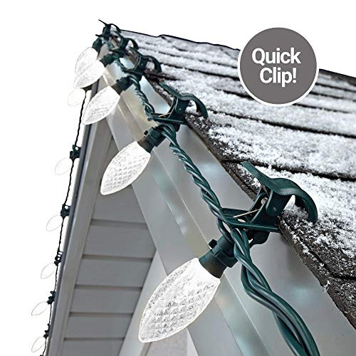 NOMA C9 LED Quick Clip Christmas Lights | Simple Built-in Clip-On Outdoor String Lights | Clear Pure White Bulbs | UL Certified | 25 Light Set | 16.8 Foot Strand