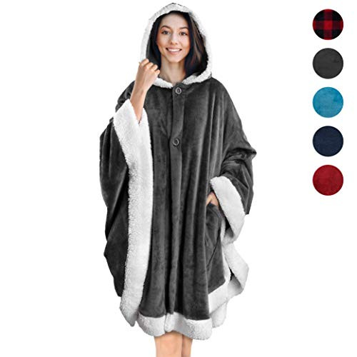 PAVILIA Angel Wrap Hooded Blanket | Throw Poncho Wrap with Soft Sherpa Fleece | Plush, Warm Wearable Blanket with Pockets for Women Gift (Gray)