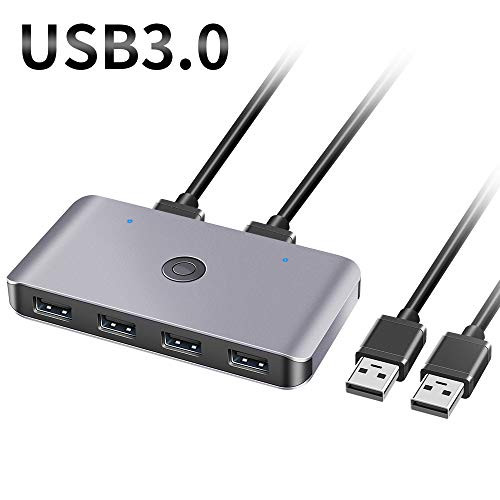 Rocketek USB Switch, USB 3.0 Sharing Switch for 2 Computers Sharing 4 USB 3.0 Ports, KVM Switches for PCs with One-Button Swapping, High Data Transfer Speed & 2 Pack USB Cable