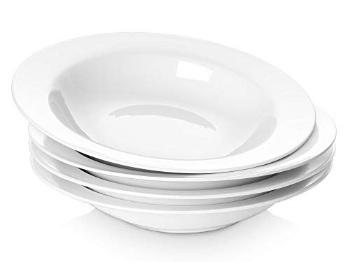Y YHY 20 Ounces Porcelain Pasta, Soup, Salad Bowls, 9.5 Inches Wide Rim Bowl Set, White, Set of 4