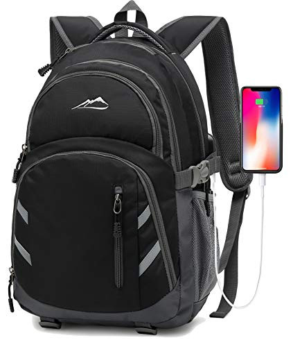 Backpack For School College Student with USB Charging Port Business Travel Bookbag (Black)