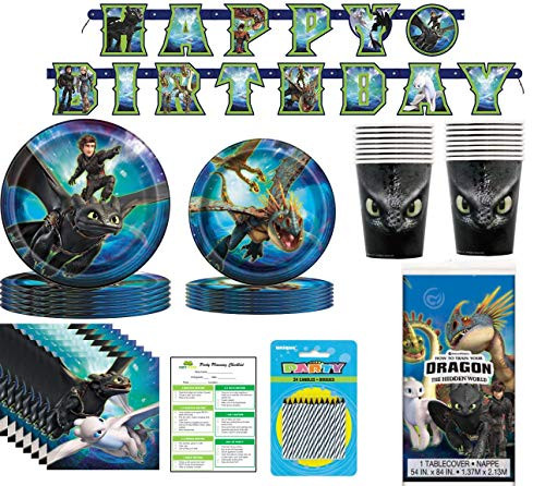 How To Train Your Dragon Birthday Party Supplies: Big/Small Plates, Cups, Napkins, Table Cover, Banner, Candles - Kit for 16 Guests