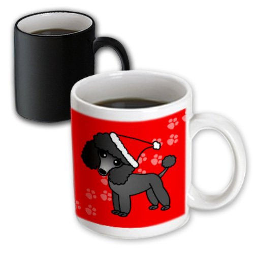 3dRose Cute Black Poodle Red Paw Background with Santa Hat Magic Transforming Mug, 11-Ounce