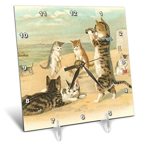 3dRose dc_48557_1 Cats at The Beach-Desk Clock, 6 by 6-Inch