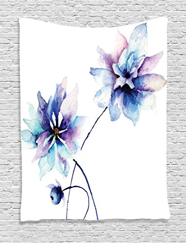 Ambesonne Watercolor Flower Tapestry, Flower Drawing with Soft Spring Colors Retro Style Floral Artwork, Wall Hanging for Bedroom Living Room Dorm, 60" X 80", White Purple