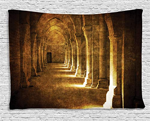 Ambesonne Gothic Tapestry, Archway in Dark Old Building Historical Architecture Photography Image, Wide Wall Hanging for Bedroom Living Room Dorm, 80" X 60", Yellow and Brown