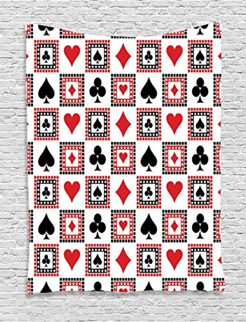 Ambesonne Casino Tapestry, Playings Cards Clubs Hearts Symmetrical Geometric Repeating Ornamental, Wall Hanging for Bedroom Living Room Dorm, 60" X 80", Scarlet Black