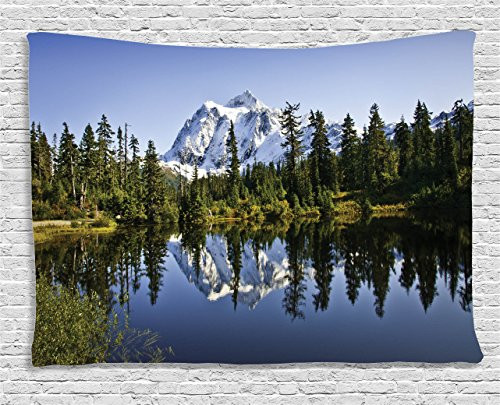 Ambesonne Landscape Tapestry, Fall Colored Trees and Snowy Mountain Landscape with Crystal Lake Nature, Wide Wall Hanging for Bedroom Living Room Dorm, 80" X 60", White Green