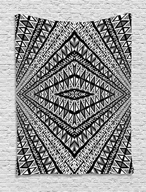 Ambesonne Psychedelic Tapestry, Geometric Dimension Ornament Motif with Triangle Diamond Forms Oriental Image, Wall Hanging for Bedroom Living Room Dorm, 60" X 80", White Black