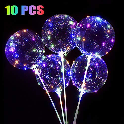 10 PCS 20 Inch Clear Bobo Balloons Led Light Up Balloons Reusable Transparent Bobo Balloon Party Creative Balloon with Sticks for Birthday Wedding Halloween Party Decorations Transparent Balloons