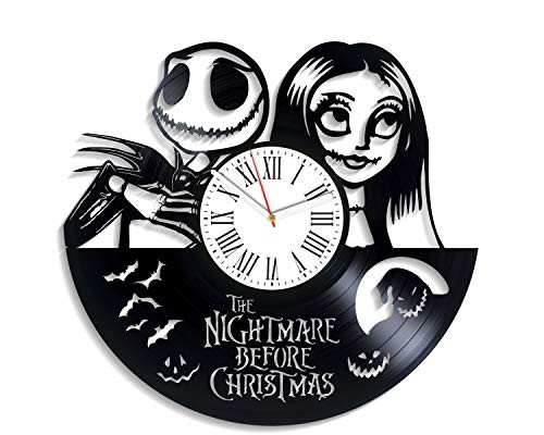 Kovides Nightmare Before Christmas Xmas Gift for Fan Vintage Vinyl Record Clock Large NBC Cartoon Disney Wall Clock Love Wall Art Jack and Sally Skellington Handmade Decor for Nursery New Year Gifts