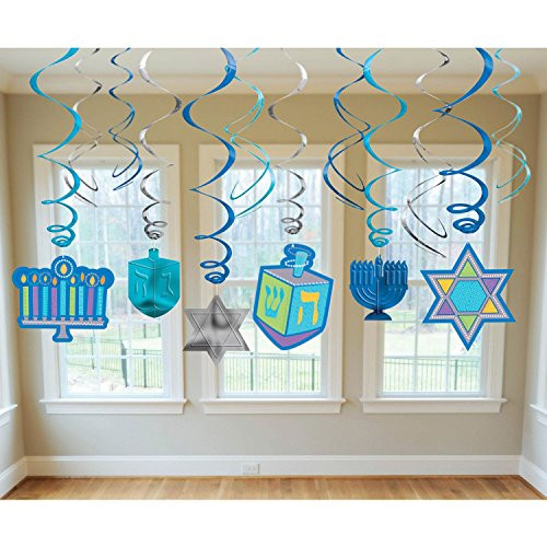 Joyous Hanukkah Festival Menorah Hanging Swirl Ceiling Decoration, Blue/Teal/Purple, Paper, Pack of 12