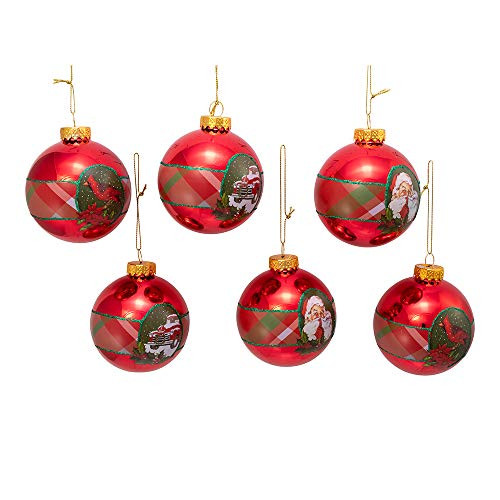 Kurt Adler Kurt S. Adler 80MM Shiny Red with Plaid Chistmas Glass Ball, 6 Piece Box Ornament, White, Green