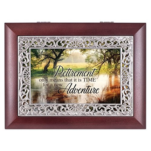 Retirement Wooded Pond Scene Ornate Rosewood Jewelry Music Box Plays Wonderful World