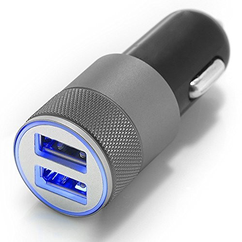 MMOBIEL Car Charger TOP QUALITY BRUSHED Aluminum Incl. Bright Blue LED Light 2 x USB Port 2.1A + 1.0A High Speed IQ Technology for all iPhone Samsung Sony HTC NOKIA LG IPAD MP3 with 5V output