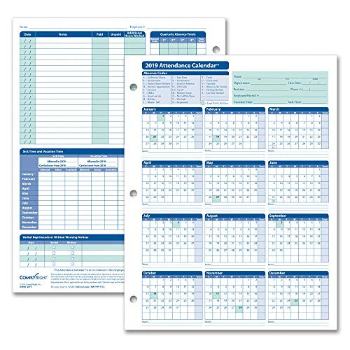 ComplyRight 2019 Attendance Calendar Card, White, Pack of 50