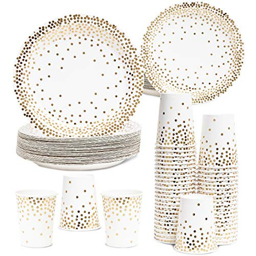 Juvale 150 Count Disposable Paper Party Plates and Cups Set for 50 Guests, Gold Foil Dots