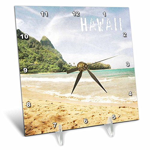3dRose dc_30918_1 Kauai Hawaii Tropical Beach-Desk Clock, 6 by 6-Inch