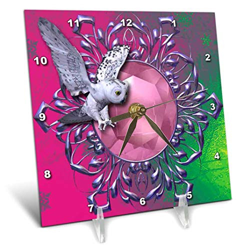 3dRose dc_167085_1 White Owl Pretty Coral Gem and Gradient Green and Pinks-Desk Clock, 6 by 6-Inch
