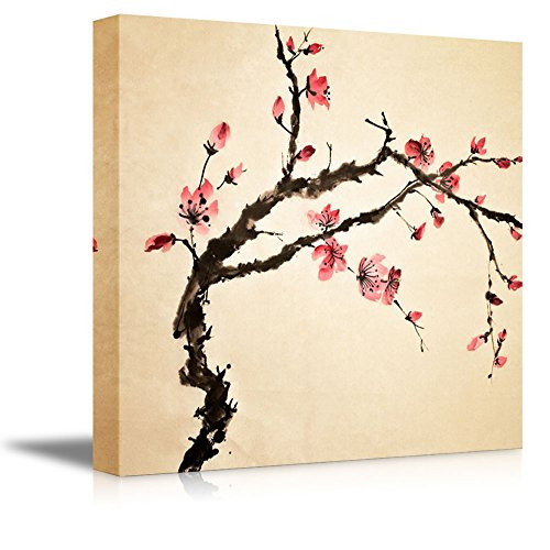 wall26 - Canvas Prints Wall Art - Japanese Cherry Blossoms Painting | Modern Wall Decor/Home Decoration Stretched Gallery Canvas Wrap Giclee Print. Ready to Hang - 24" x 24"