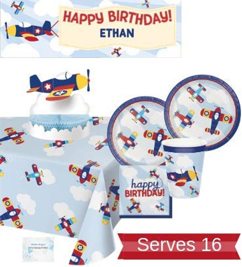 Airplane Party Supplies - Plates Cups Napkins Birthday Banner Tablecloth and Centerpiece for 16 People - Perfect Airplane Birthday Decorations!