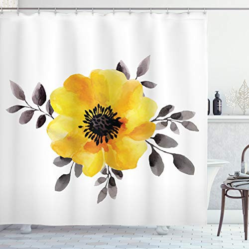 Ambesonne Flower Decor Shower Curtain, Watercolored Image of Single Flower and Leaves Abstract Design Modern Art, Fabric Bathroom Decor Set with Hooks, 75 Inches Long, Yellow and Grey